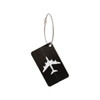 A black luggage tag featuring a white airplane design, attached with a metal wire loop.