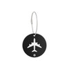 A round black luggage tag featuring a white airplane design, attached with a silver wire cable.