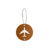 A round, brown luggage tag with a white airplane design and a metal wire attachment.