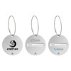 Three round wire cable luggage tags in silver, featuring different logos and a space for a name.