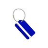 A square brushed aluminium luggage tag in blue with a silver stripe and a metal attachment loop.