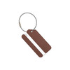 A square brushed aluminium luggage tag in brown with a silver section and a wire attachment.