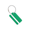 A green brushed aluminium luggage tag with a white stripe and a metal wire attachment.