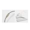 A square brushed aluminium luggage tag set in silver, featuring a durable metal cable and identification cards.