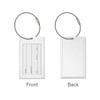 A square aluminium luggage tag with a metal loop, featuring a blank space for personal information. Silver in colour.