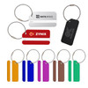 Square aluminium luggage tags in various colours, featuring keyrings and logos. Tags include space for name detail.
