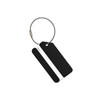A black square aluminium luggage tag with a wire loop for attachment and a space for a name.