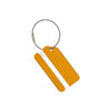 A square aluminium luggage tag in yellow, featuring a white section for personal details and a metal attachment.