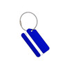 A blue square aluminium luggage tag with a wire attachment and a section for name details. It features a logo.
