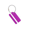 A square aluminium luggage tag in vibrant purple with a white section for names and a steel attachment loop.