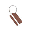 A brown aluminium luggage tag featuring a smooth surface and a metal wire attachment. It has a logo.