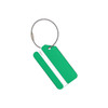 A green square aluminium luggage tag with a white space for a name and a durable metal loop.