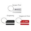 A square aluminium luggage tag featuring white, black, and red colour options, with various printing styles and a metal ring.