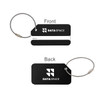 A square aluminium luggage tag in black with a silver wire attachment, featuring a logo on both sides.