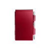 A red aluminium pocket notebook with a silver pen attached, featuring a sleek and minimalist design.