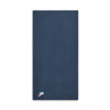 A navy sports towel featuring a small logo in the bottom corner. The towel is soft and absorbent.