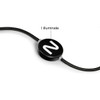 A black cable connector with a circular design and illuminated "N" symbol, featuring a textured cord.