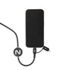 A cable connected to a smartphone, featuring a round branding logo, in black and silver.