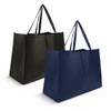 A black and navy non-woven shopper bag, featuring dual handles and a simple design. Logo visible on the bags.