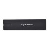 A black product box with a white logo. The design is sleek and minimalist, suitable for packaging.