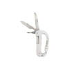 A multifunctional carabiner in silver with a knife blade, serrated edge, and bottle opener features.