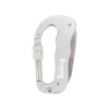 A silver multifunctional carabiner with a textured grip and a locking mechanism, featuring a logo.