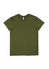 An olive green women's short sleeve T-shirt with a round neck and a logo tag.