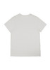 A white women's short sleeve t-shirt featuring a simple design and a small logo on the back.