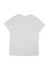 A white short sleeve women's T-shirt featuring a simple design and a logo.
