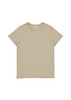 A beige women's short sleeve t-shirt featuring a simple design and a logo on the label.