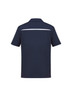 A navy short sleeve polo shirt featuring a white stripe and a logo on the back.
