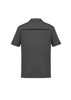 A grey short sleeve polo shirt featuring a back vent and a logo.