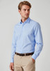 A slim fit long sleeve shirt in light blue, featuring a button-up design and a logo on the chest.