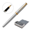 A metal rollerball pen featuring a brushed stainless body with gold accents, presented in a grey box.