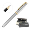 A metal rollerball pen in brushed stainless steel with a gold clip, displayed in a box with branding.