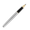 A metal rollerball pen featuring a brushed stainless steel body, black grip section, and gold accents.