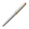 A rollerball pen in brushed stainless steel with gold accents and a branding logo.