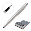 A metal rollerball pen in brushed stainless steel with a sleek design, displayed with a gift box.