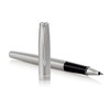 A brushed stainless steel rollerball pen from Parker, featuring a sleek design and a black writing tip.