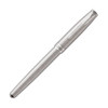 A brushed stainless steel rollerball pen with a sleek design and a brand logo on the clip.