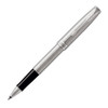 A metal rollerball pen in brushed stainless steel, featuring a sleek design and a black writing tip.
