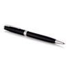 A metal ballpoint pen in matte black with silver accents and a clip, featuring a sleek design.