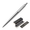 A brushed stainless steel ballpoint pen with a sleek design, presented in a black box with a logo.