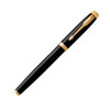 A metal rollerball pen in lacquer black with gold trim and a decorative clip. It features a logo on the body.