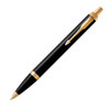 A black ballpoint pen with gold accents, featuring a clip and a sleek design. It includes branding on the pen.