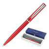 A red ballpoint pen presented in a box, featuring a silver clip and a logo on the pen.