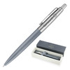 A matte grey ballpoint pen with a silver clip and a branded box.