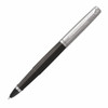 A roller ball pen in black with a silver cap, featuring a subtle branding logo.