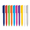 A collection of plastic ballpoint pens in blue, red, green, orange, pink, yellow, purple, white, and silver.
