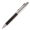 A metal ballpoint pen featuring a carbon fibre barrel and silver accents. It has a sleek, modern design.